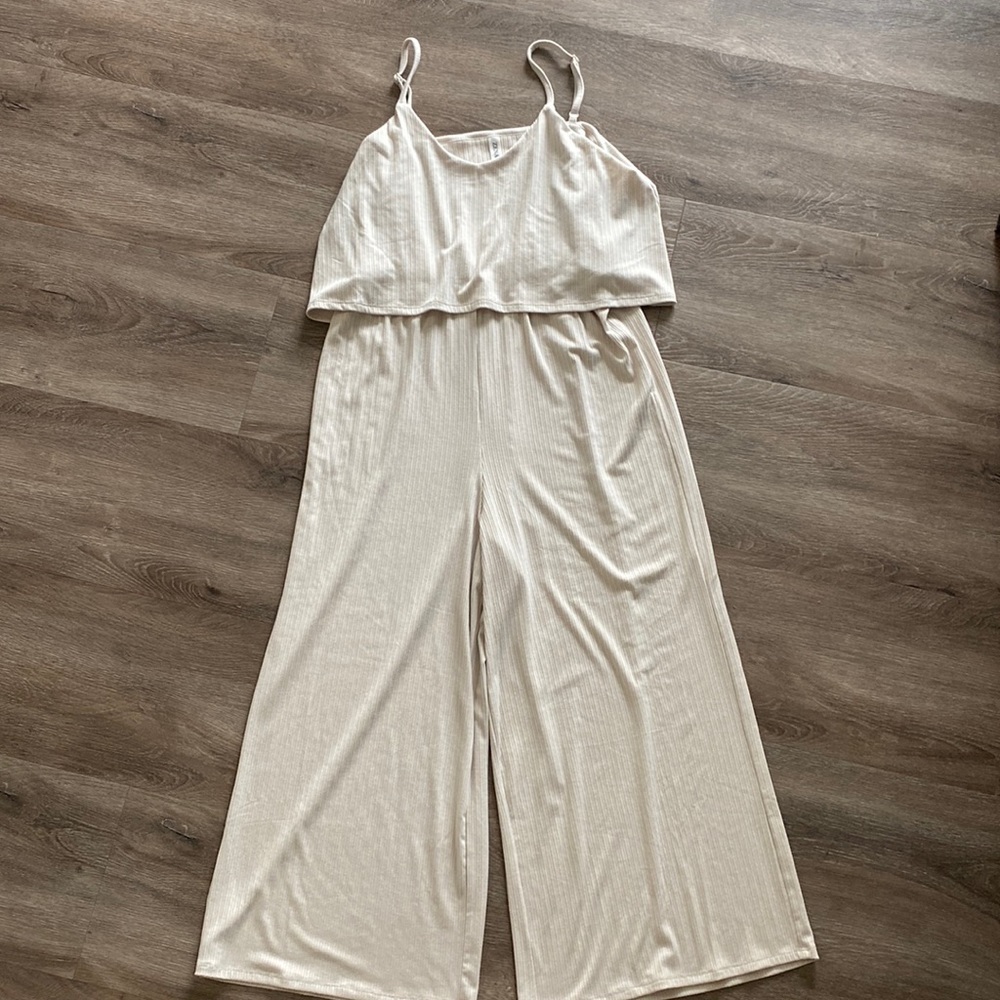 Beige Ribbed Double Layer Cropped Maternity Jumpsuit - medium